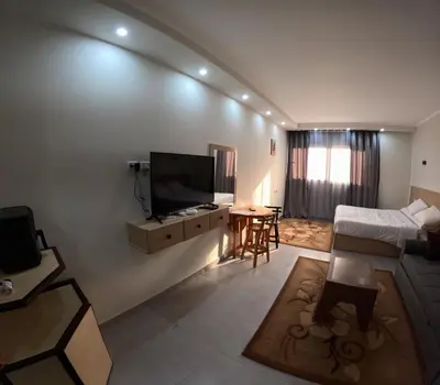 a living room with a couch and a tv at Sea La Vie Furnteched, Central, Beach Front, Free WIFI in Hurghada