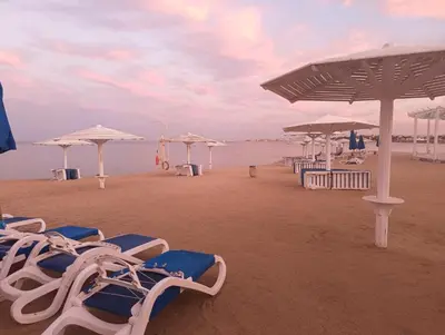 a group of chairs and umbrellas on a beach at Selena Bay in Hurghada