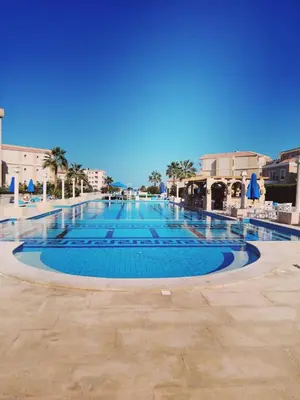 a large swimming pool with palm trees and buildings at Selena Bay in Hurghada