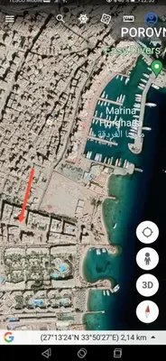 a map of a city with a red arrow at Sherathon studio Sheri in Hurghada