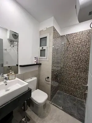 a bathroom with a shower and a toilet and a sink at Sholan El Gouna 2 Bedroom Apartment in Hurghada