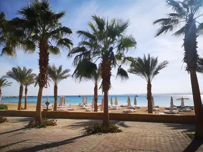 a beach with palm trees and chairs and the ocean at Chalet with private pool in Hurghada