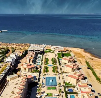 an aerial view of a resort near the ocean at Sea-Front Selena Bay Resort Apartment in Hurghada
