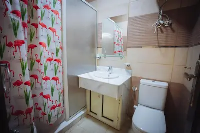 a bathroom with a toilet and a sink and a shower curtain at Star Luka in Luxor