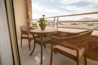 a table and chairs on a balcony with a potted plant at Theban Hills Hotel, Luxor in ‘Ezbet Abu Ḥabashi