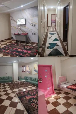 three pictures of a living room with a pink door at المحكمة in Aswan