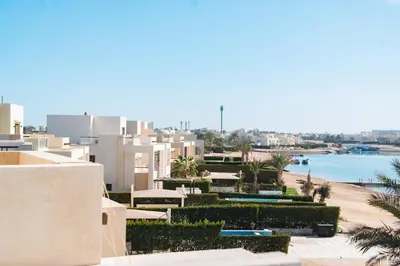 a view of the city from a building at Spacious Lagoon View Villa At Joubal in Hurghada