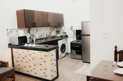 a kitchen with a refrigerator and a microwave at Horus Garden House in Luxor