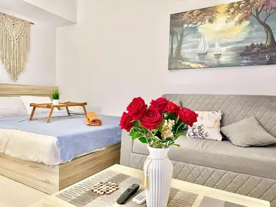 a living room with a couch and a vase with roses at El Gouna in Hurghada