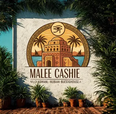 a sign for the male castle with palm trees at malee cashie in Aswan