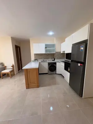 a kitchen with white cabinets and a black refrigerator at TIBA GOLDEN Hurgada in Hurghada
