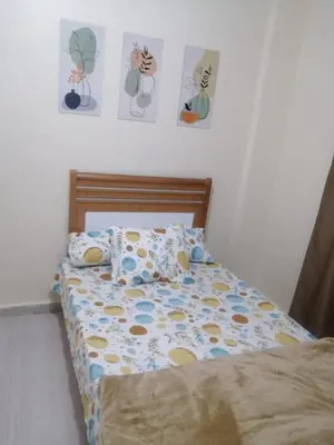a bed in a bedroom with drawings on the wall at بيت الاستجمام in Idfū