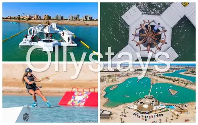 a collage of photos of a woman on a paddle board at Ancient Sands 4BR Villa Heated pool in El Gouna