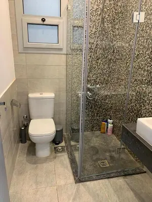 a bathroom with a toilet and a shower at 2bd direct on the main pool in Hurghada