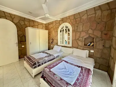 two beds in a room with a stone wall at Nile Palace Villa in Luxor