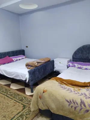 two beds in a room with blue walls at الاقصرالكرنك بجوار معبد الكرنك in Luxor