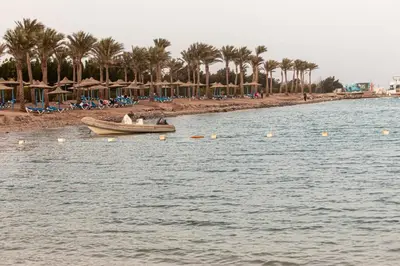 a boat in the water near a beach with palm trees at Mirage Bay Resort Hurghada B-780 in Hurghada