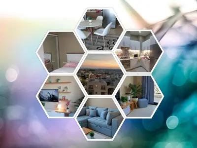 a collage of a living room and dining room at 1 br stylish flat in phase 2 MH in Hurghada