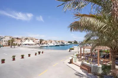 a beach with a palm tree and a river with boats at Ali Pasha Hotel in Hurghada