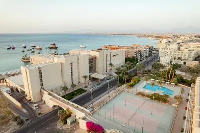 an aerial view of a city and the ocean at Hurghada Marriott Beach Resort in Hurghada