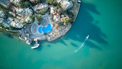 an aerial view of a resort on the water at Hotel Sultan Bey Resort in Hurghada
