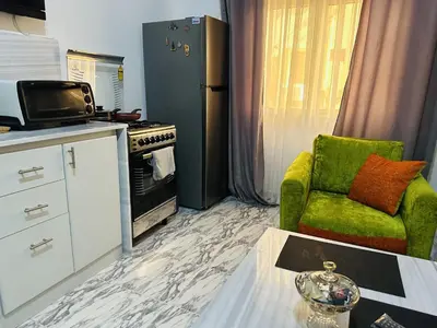 a living room with a green chair and a stove at Angie House Embassy area with wi fi in Hurghada