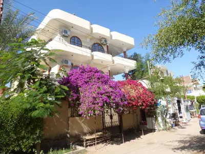 a building with purple flowers on the side of it at Terrasses et Jardins sur le Nil chez Hagag rive Ouest in Luxor