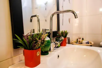 a bathroom sink with two faucets and flowers on it at Desert Pearl Apartment in Hurghada