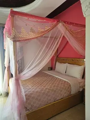 a bedroom with a canopy bed with pink walls at Jewel Howard Carter Hotel in Luxor