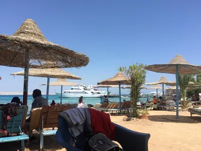 a group of chairs and umbrellas on a beach at Zebra Apartments Hurghada center in Hurghada