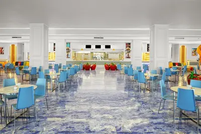 a rendering of a banquet hall with tables and chairs at Pickalbatros Jungle Aqua Park - Neverland Hurghada in Hurghada