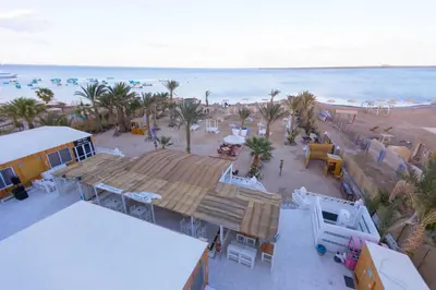 an aerial view of a beach with palm trees and the ocean at Lagoonie Lodge & Beach in Hurghada