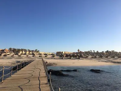 a wooden walkway leading to a beach with palm trees at ONATTI Beach Resort - Marsa Alam in Quseir