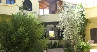 a house with a courtyard with trees in front of it at El Nakhil Hotel in Luxor