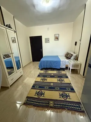 a bedroom with a bed and a rug on the floor at Cozy little studio near Kite station. in Hurghada