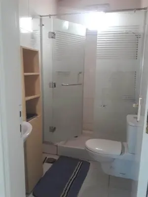 a white bathroom with a shower and a toilet at Spring Hotel Luxor in Luxor
