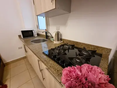 a kitchen with a stove top oven in a kitchen at Lilly Apartments in Hurghada