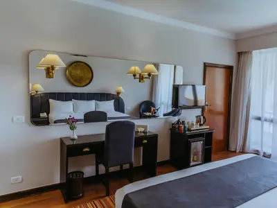 a hotel room with a bed and a desk with a computer at Basma Hotel Aswan in Aswan