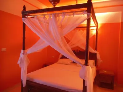 a bedroom with a canopy bed with white curtains at Cleopatra Hotel Luxor in Luxor