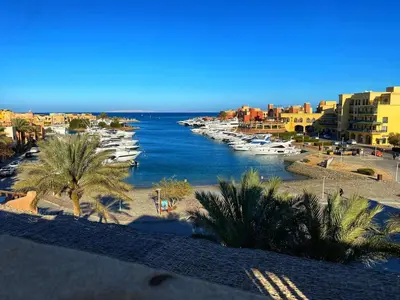 a view of a harbor with boats in the water at Aprtment at Abu Tig Marina - MP6 in Hurghada