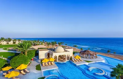 an aerial view of a resort with a swimming pool at The Oberoi Beach Resort, Sahl Hasheesh in Hurghada