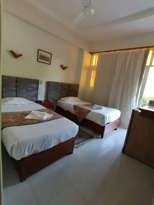 a hotel room with two beds and a window at Rezeiky Hotel & Camp 您在盧克索的第二個家 in Luxor