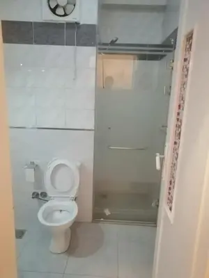 a small bathroom with a toilet and a shower at Royal City Hotel in Hurghada