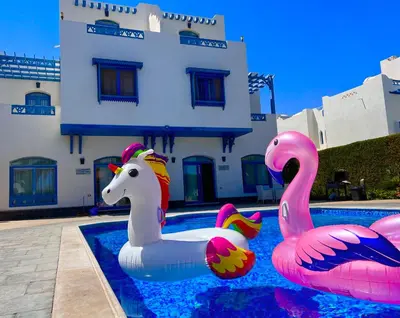 two inflatable flamingos in a swimming pool next to a building at Luxury Villa with pool in Hurghada in Hurghada