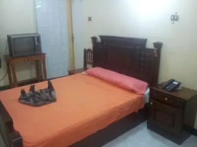 a bedroom with a bed with an orange bedspread and a tv at Nubian oasis hotel in Aswan