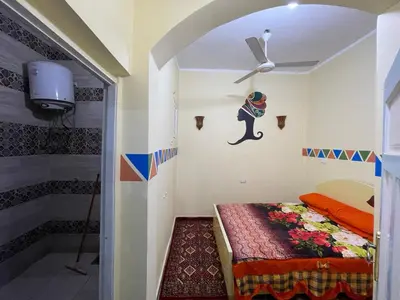 a small room with a bed and a shower at Shater Nubian House in Aswan