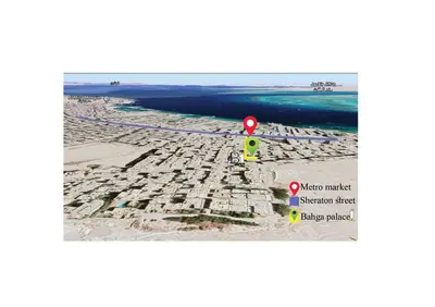 a map of a city with a beach and the ocean at Bahga Palace 1 Residential Apartments in Hurghada