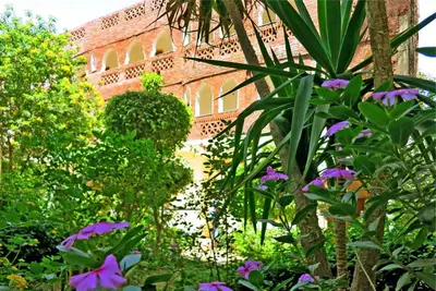 a garden with purple flowers in front of a building at Hotel Sheherazade Luxor in Luxor