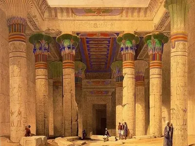 a painting of a large building with columns at Nile Cruises 5 Stars From From Aswan 03 Nights -From Luxor 04 Nights in Luxor