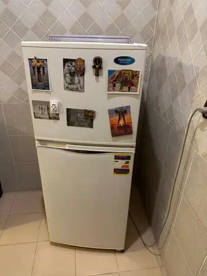 a white refrigerator with photographs and pictures on it at Harmony House Luxor in Luxor